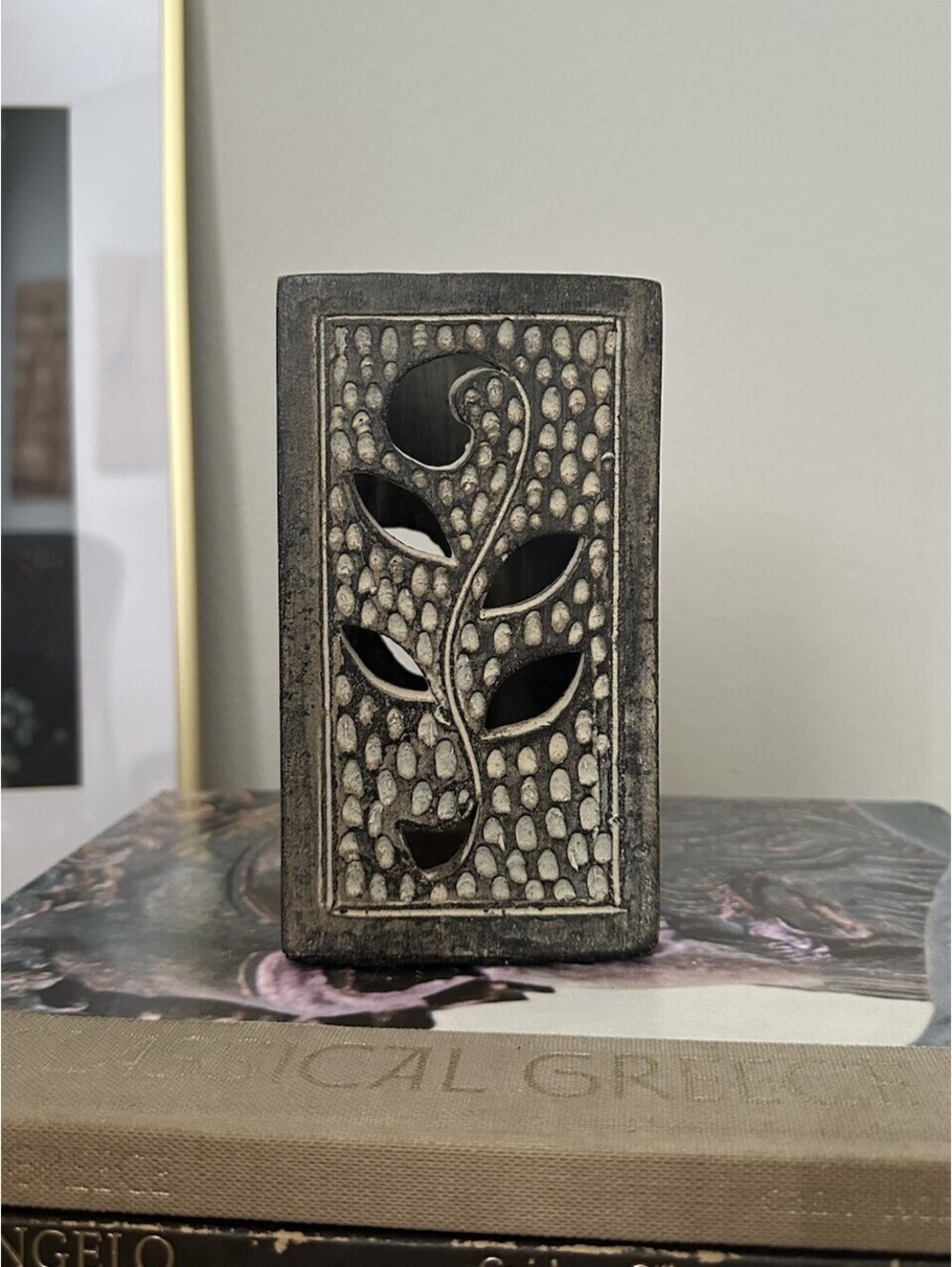 Pier 1 Candle Holder Gray Square Leaf Carved Soapstone 5.75"